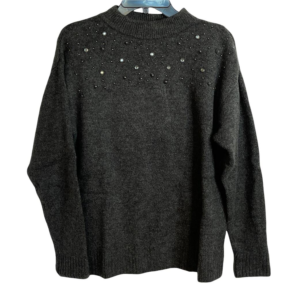 Ava & Viv Dark Heather Pullover Sweater Front Beads Decorations Plus Size 14W